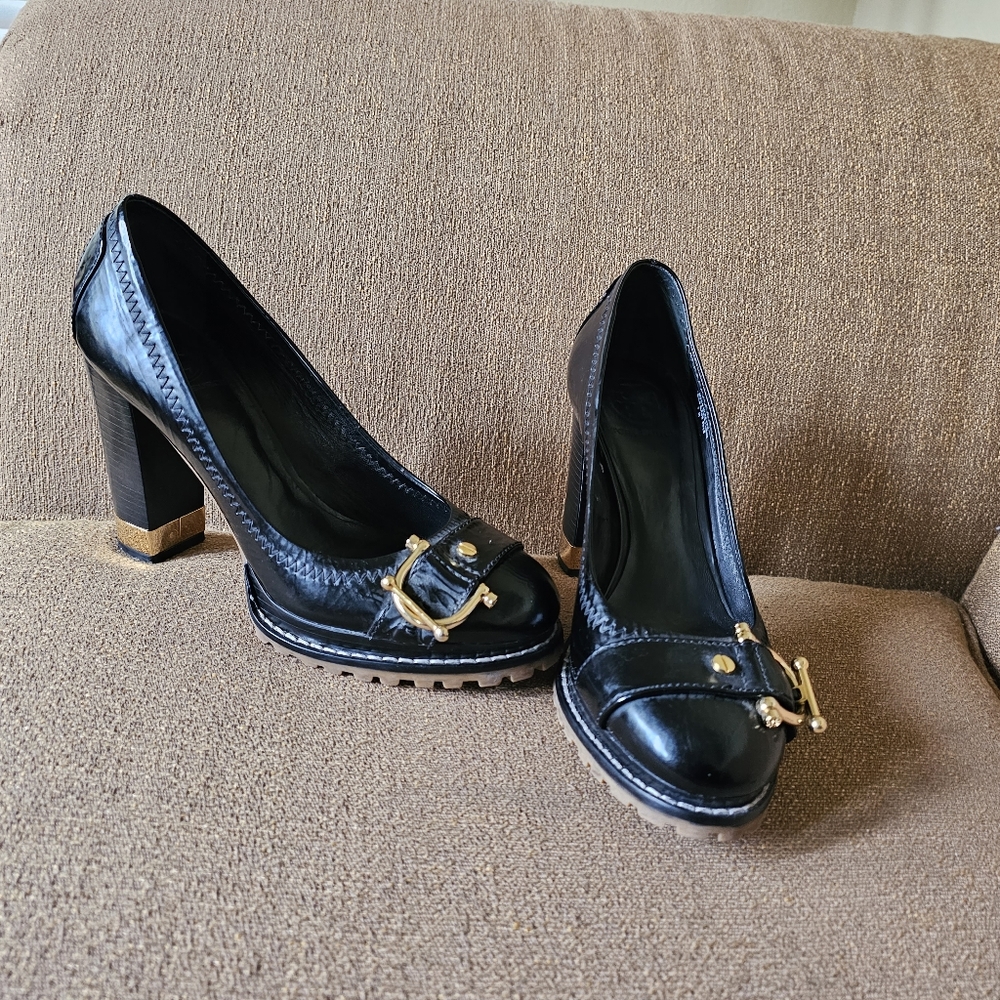 Tory Burch Black Patent Leather Buckle Toe Pumps High Block Heel Women's 7M